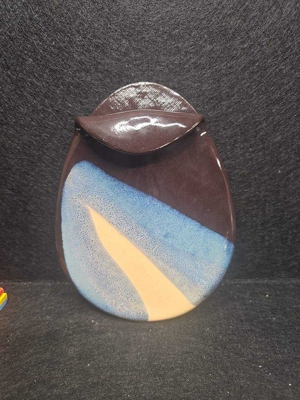 Ceramic Art Pottery Handcrafted Wallpocket Glazes Blue Brown & Cream